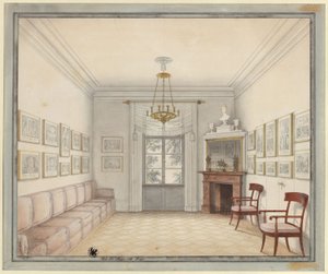 Berlin. Charlottenburg slott, slottsparken, Den nye paviljongen (Schinkel-paviljongen). Utsikt over Det hvite rommet som mønster for utformingen av rommene i overetasjen av Karl Friedrich Schinkel