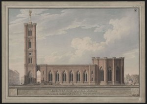 Berlin, Spittelmarkt. Utforming til Sankt Gertruds kirke. Utvendig utsikt av Karl Friedrich Schinkel