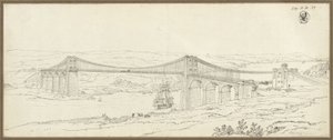 Utsikt over hengebroen over Menai-stredet nær Bangor i Wales av Karl Friedrich Schinkel