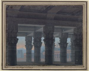 Tryllefløyten. Opera av Wolfgang Amadeus Mozart. Utforming av den 8. dekorasjonen. Labyrintens forhall av Karl Friedrich Schinkel