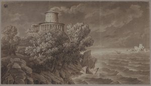 Klippete kyst med et fyr i antikk stil i urolig sjø av Karl Friedrich Schinkel
