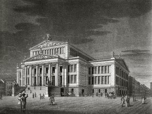 Tyskland, Berlin, Utsikt over Schauspielhaus (konsertsal), gravering av Karl Friedrich Schinkels (1781-1841) av Karl Friedrich Schinkel
