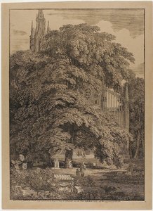Gotisk kirke bak en eikelund med graver av Karl Friedrich Schinkel