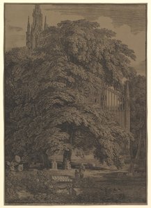 Gotisk kirke skjult av et tre, 1810. av Karl Friedrich Schinkel