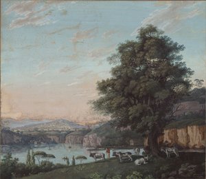 Italiensk ideallandskap med tre, flokk og fjell av Karl Friedrich Schinkel