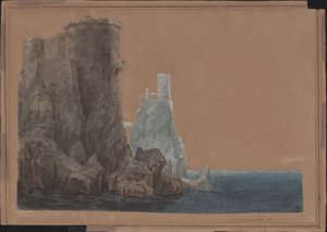 Kong Yngurd. Tragedie av Adolf Müllner. Utkast til den 4. dekorasjonen. Tårn med Dødsporten ved havet av Karl Friedrich Schinkel