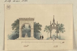 Lützen. Utkast til et monument for kong Gustav II Adolf av Sverige som en på fire sider åpen buehall og som et tabernakel over Svenskesteinen av Karl Friedrich Schinkel