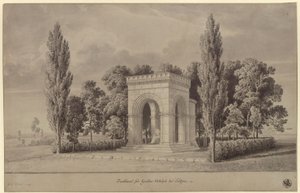 Lützen. Utkast til et monument for Sveriges kong Gustav II Adolf i form av en romansk hall over Svenskesteinen med en tilføyd apsis. Ansikt av Karl Friedrich Schinkel