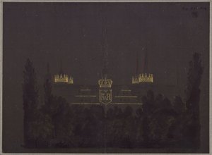 Merseburg. Slott. Utkast til illuminering av slottet i anledning hyllestfeiringen for Fredrik Vilhelm III av Preussen av Karl Friedrich Schinkel