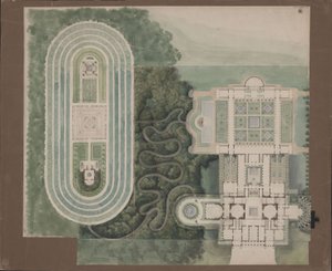 Potsdam-Sanssouci. Antikt landhus ved Charlottenhof slott. Situasjonsplan og grunnplan av Karl Friedrich Schinkel
