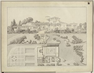 Potsdam-Sanssouci. Romerske bad ved Charlottenhof slott. Sett fra vest og grunnplan av gartnerhuset av Karl Friedrich Schinkel