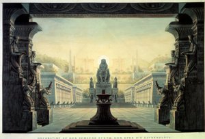 Teaterdekor: Dekor for operaen «La flute enchante (Die Zauberflote) av Wolfgang Amadeus Mozart, på en libretto av Emanuel Schikaneder. Tegning av Karl Schinkel (1781-1841) av Karl Friedrich Schinkel