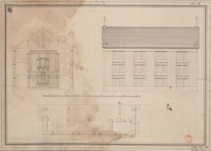 Tillendorf (Bolesławice, regjeringsdistriktet Liegnitz). Utkast til den evangeliske kirken. Grunnplan, oppriss av sidefasaden og tverrsnitt av Karl Friedrich Schinkel