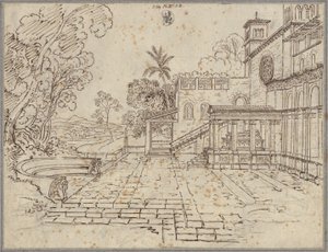 Forplass foran en kirke med et monument av Karl Friedrich Schinkel