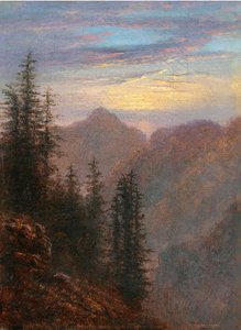 ""Fjelllandskap i skumringen" Maleri av Carl Gustav Carus (1789-1869) 1800-tallet Olje på lerret Dim 20,6x15,1 cm Privat samling