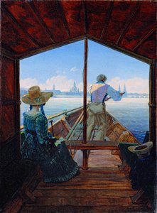 ""Tidlig morgen på Elben"" båttur på Elben ved Dresden (Barge Trip on the Elbe near Dresden (Morning on the Elbe) Maleri av Carl Gustav Carus (1789-1869) Olje på lerret 1827 Dim 29x22 cm Museum Kunstpalast, Düsseldorf