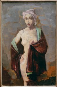 Stehende – Halbakt mit lila Kopftuch