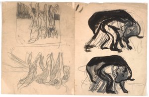 T.v: to komposisjonsskisser med et hukende menneske under et bjørnelignende dyr. T.h.: to komposisjonsskisser med flere figurer av Karl Isakson