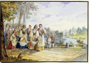 Russiske bondepiker med festivalkjole. Verk av Karl Ivanovich Kolmann (1786-1846), akvarell på papp