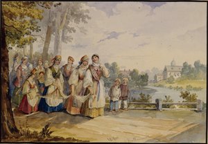 Russiske bondepiker med festkjole, 1845