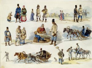 Russiske folketyper. (Folketyper av Russland). Verk av Karl Ivanovich Kolmann (1786-1846), akvarell på papp