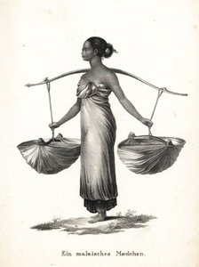 Malayisk jente med hår bundet opp og bærer joggesko fra et åk. Litografi av Karl Joseph Brodtmann fra Heinrich Rudolf Schinz