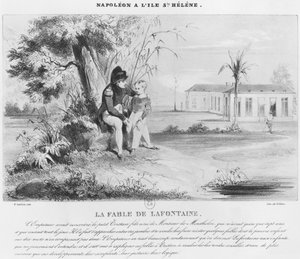 Napoleon I (1769-1821) på øya St. Helena, forklarer fabler av Jean de La Fontaine til Tristan de Montholon, gravert av Villain