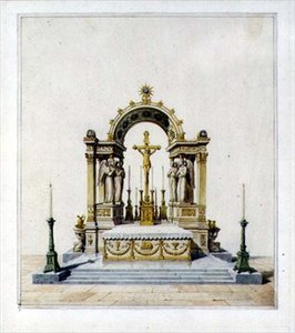 Design for et nyklassisk høyalter (penn og blekk og akvarell på papir) av Karl Ludwig Wilhelm Zanth