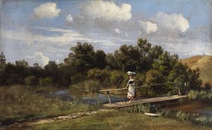 Sommerlandskap med en vaskeri på en bro