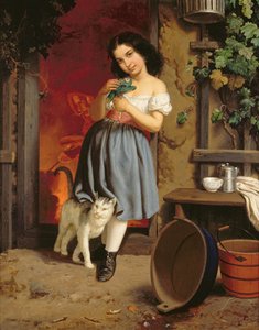 En ung jente med en katt, 1866 olje på lerret av Karl Nahl