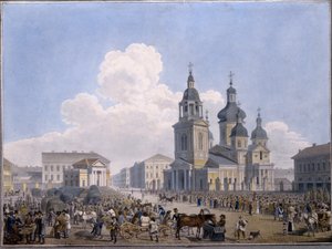 Hay-market Place og Assumption Church i St. Petersburg - Verk av Karl Petrovich Beggrov (1799-1875), akvarell på papir (10,3x15,1 cm),1820-1830 - State Russi