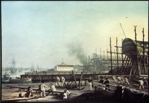 Admiralitetsverftet i Saint Petersburg (Saint-Petersburg). (Admiralitetets marineverft i St. Petersburg). Maleri av Karl Petrovich Beggrov (1799-1875). Olje på lerret, russisk kunst fra 1800-tallet. Statens russiske museum, St. Petersburg.