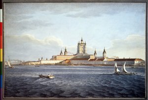 Smolny-klosteret, i St. Petersburg (Smolny-klosteret i St. Petersburg). Tegning av Karl Petrovich Beggrov (1799-1875). Akvarell på papir
