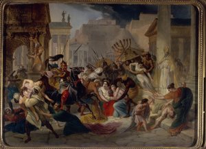 Sac de Rome en 455 : Genseric (ou Geiseric) (vers 399-477) et les Vandales envahissent Rome (Geiseric the Lame invades Rome). Ils pillent la ville et emporte la Menorah. (Menora) Peinture de Karl Pavlovich Briullov (Brioullov) (1799-1852)   1422293   no   