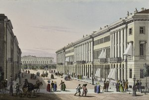 Mikhailovskaya-gaten med utsikt over Michael-palasset i St. Petersburg, første halvdel av det 19.