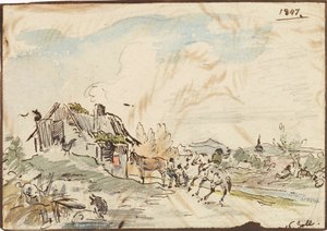 Landlig idyll, våningshus med hester av Karl Pischinger