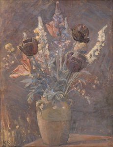 Leirvase med tulipaner og andre blomster