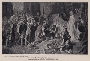 Den døende Alexander den store mottar hyllingen av sin hær, Babylon, 323 f.Kr. (litho)