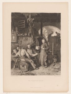 Menn rundt et bord i en kjeller Klosterkjelleren (tittel på objekt) av Karl Vaditz