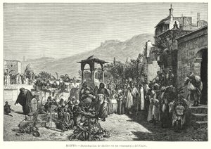 Distribusjon av datoer på en kirkegård, Kairo, Egypt (litho)