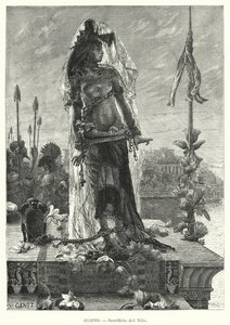 Ofring av en jomfru til Nilen i det gamle Egypt (litho)