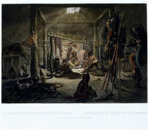 Interiøret til hytta til en Mandan-høvding, gravert av Narcisse Edmond Desmadryl (f.1801) ca. 1835 (gravering med akvatint) av Karl after Bodmer