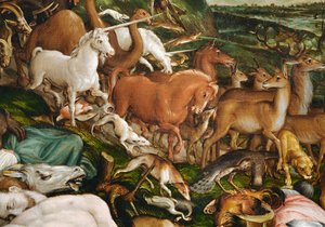 Noah, familien hans og alle dyrene som forlater arken (maleri på lerret)