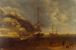 Kystutsikt med skipsfart og fiskere i forgrunnen (olje på panel) av Kasper van Eyck