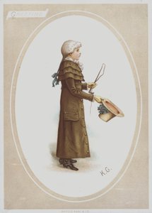 Gutt i lang brun frakk, med parykk, og holder hatt og jaktpisk (farge litho) av Kate (after) Greenaway
