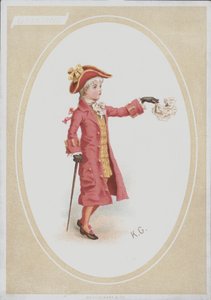 Gutt i rød dress, viftende lommetørkle (farge litho) av Kate (after) Greenaway