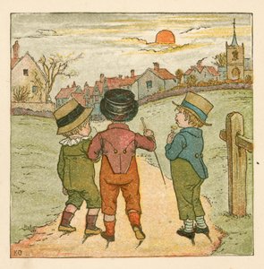 Gutter ute på tur (fargelitho) av Kate (after) Greenaway