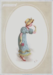Jente i blå kjole, med stråpanser, holder rose (farge litho) av Kate (after) Greenaway