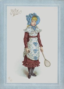 Jente i kjole og panser, holder skyttel og racket (farge litho) av Kate (after) Greenaway