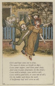 Jenter og gutter kommer ut for å leke (farge litho) av Kate (after) Greenaway